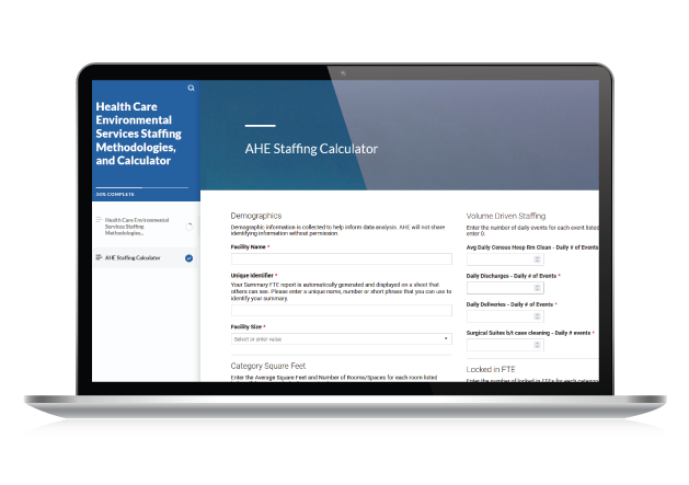 a laptop with an image of the AHE staffing calculator on the screen
