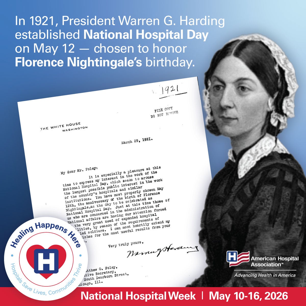 Illustration of Florence Nightingale and the Harding letter. Text: in 1921, President Warren G. Harding established National Hospital Day on May 12 - Chosen to honor Florence Nightingale's birthday